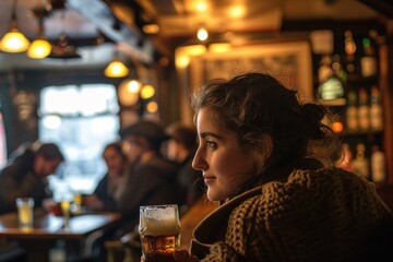 In a relaxed bar setting, a woman is captured in a moment of enjoyment, with a pint of beer on the table before her. - obrazy, fototapety, plakaty