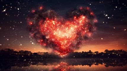 Fototapeta premium Explosions of Love: Mesmerizing Heart Firework Illuminates the Night Sky with Passion and Joy