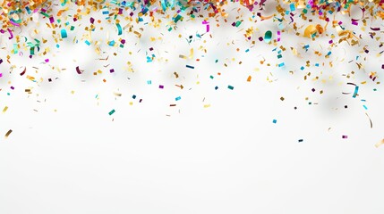 Party streamers and confetti on a white background - copyspace - obrazy, fototapety, plakaty