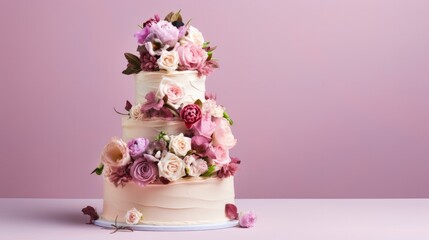 Fototapeta na wymiar Elaborate wedding cake decorated with flowers. Purple and white colors