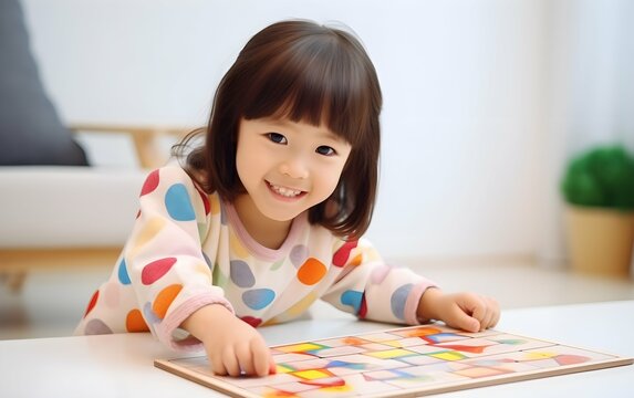 little girl playing educational game 