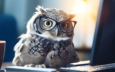 A wise owl with glasses looks at the computer