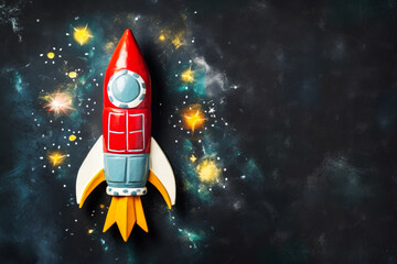 Naklejka na ściany i meble Toy Colorful Rocket Flying in Space Galaxy Background with Copy Space