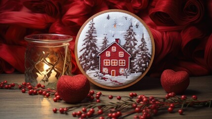 Christmas craft project - embroidered or cross stitch holiday scene with candle