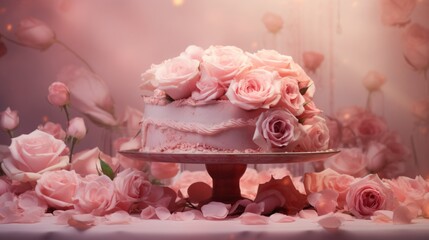 Enchanting Rose Cake: A Delicate Pink Delight Amidst a Serene Environment