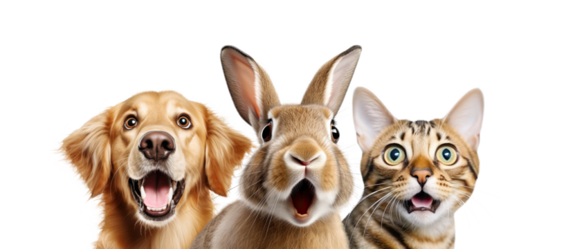 Portrait of Three Surprised Animals (dog, rabbit and cat) Isolated on White and PNG Transparent Background.