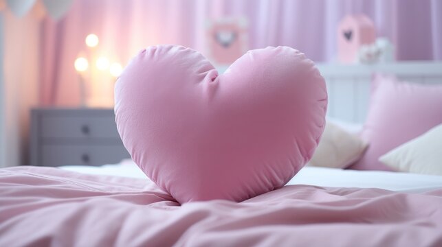 Love's Embrace: A Cozy Heart Pillow in a Dreamy Bed - Captivating Romance and Comfort in One Image