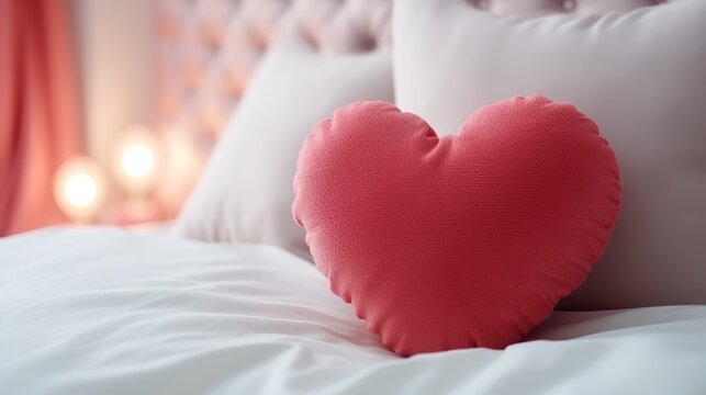 Love's Embrace: A Cozy Heart Pillow in a Dreamy Bed - Captivating Romance and Comfort in One Image