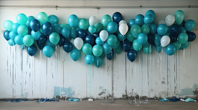 Blue and teal balloons floating against a wall - graphic banner with copyspace