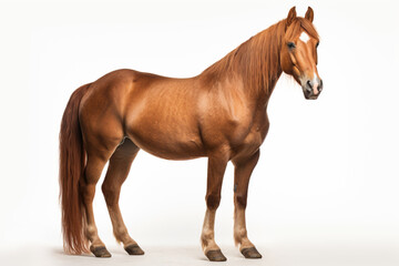 Chestnut Criollo horse standing on a white background. Animal side portrait.