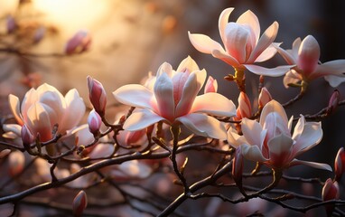 Beautiful magnolia flowers on a branch in spring time. Selective focus