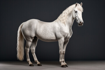 White Criollo horse standing on a black background. Animal side portrait.
