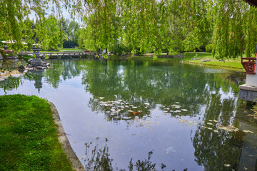 Fototapeta na wymiar Idyllic Chinese garden with pond and terrace, on the outskirts of Berlin.