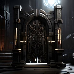 A towering, obsidian gate looms before you, its intricate carvings and glowing runes hinting at the powerful PC components that lie beyond.	