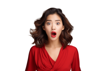 Portrait of a surprised beautiful asian woman in red with bright lipstick isolated on a transparent background. PNG file.