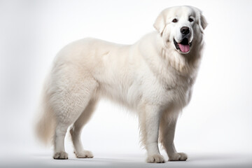 Kuvasz dog standing on a white background. Animal side portrait.