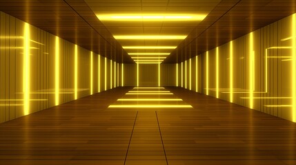 Naklejka premium Futuristic corridor with glowing yellow lights and a wooden floor, suitable for sci-fi themes and modern architecture visuals