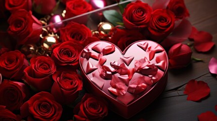 Love Unboxed: Mesmerizing Heart Giftbox with Shiny Roses - A Captivating Top View Medium Shot