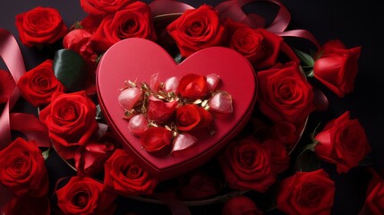 Love Unboxed: Mesmerizing Heart Giftbox with Shiny Roses - A Captivating Top View Medium Shot