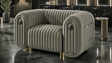 Avant-garde ribbed couch in a chic interior; for modern furniture design or architectural visualization