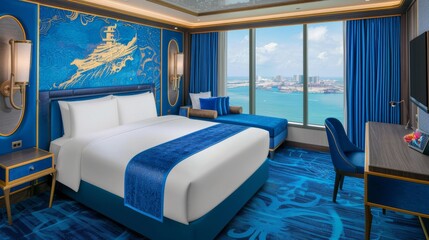 Opulent cruise ship bedroom with ocean view; ideal for travel luxury or hospitality industry
