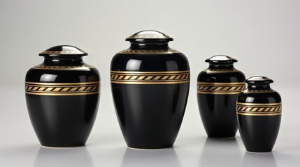 Set of classic black urns with gold trim, suitable for memorials or elegant home decor themes - obrazy, fototapety, plakaty