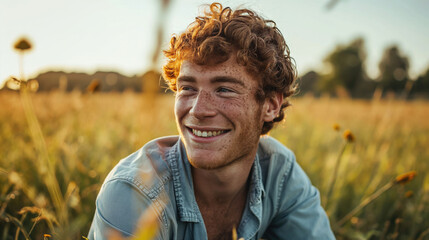young man with red hair an freckles sitting in a field