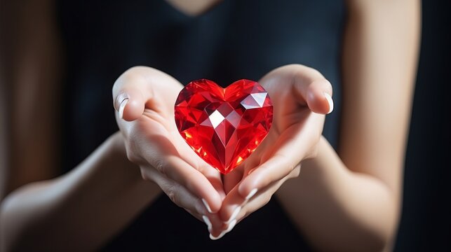 Radiant Love: Mesmerizing Woman Showcasing a Red Diamond Heart - Captivating Stock Image