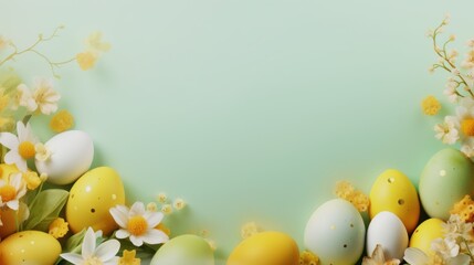 Naklejka na ściany i meble Frame background with Easter painted Eggs with flowers on light green background. Banner with copy space. Ideal for Easter promotion, spring event, holiday greeting, advertisement
