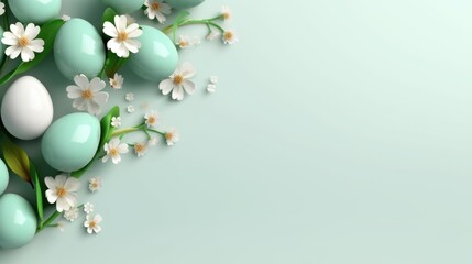 Naklejka na ściany i meble Frame background with Easter painted Eggs with flowers on light green gradient background. Banner with copy space. Perfest for Easter promotion, spring event, holiday greeting, advertisement