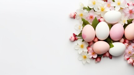 Naklejka na ściany i meble Easter painted Eggs with flowers on white background. Banner with copy space. Ideal for Easter promotion, spring event, holiday greeting, advertisement. festive content.