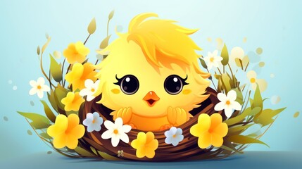 Illustration of cute little bird in a nest with flowers. Isolated on blue background. Funny chick. Ideal for Easter greeting cards, childrens books, banners, posters