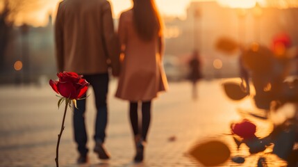 Obraz premium Enchanting Love: A Blissful Couple Embracing Romance, Hand in Hand, Amidst Blooming Roses - A Captivating Stock Image of Pure Happiness and Joy