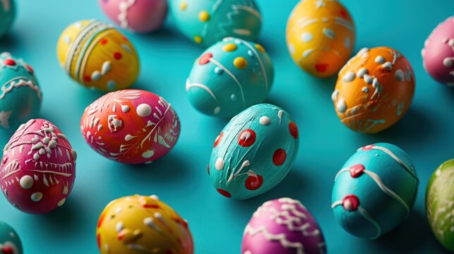 Colorful painted Easter Eggs with various patterns on Blue Background. Ideal for Easter promotions, spring events, holiday greetings, advertisements, festive content.