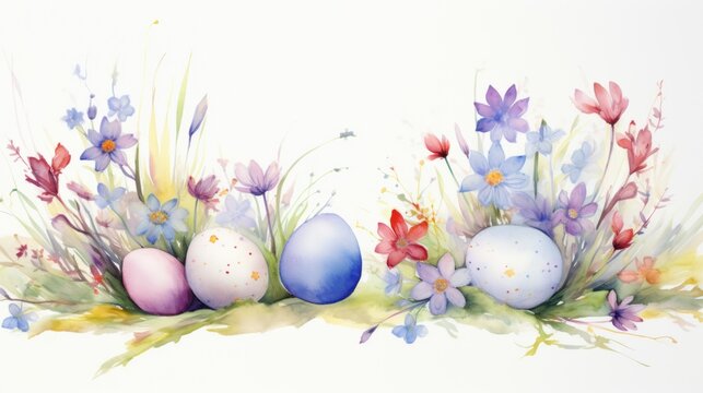 Watercolor Easter painted Eggs with flowers on white background. Perfect for Easter promotion, spring event, holiday greeting, advertisement, postcard, festive decorations
