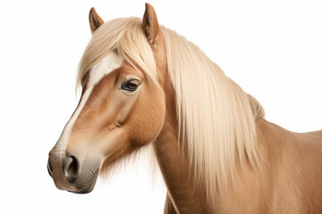 Haflinger Horse close-up portrait on a white background.