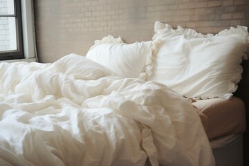 Fototapeta na wymiar Cozy bed with fluffy white bedding. Generative AI