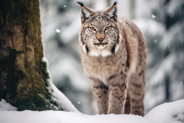 Obraz premium European lynx in a snowy forest in the winter.
