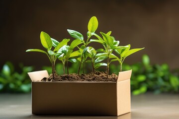 A small plant in a cardboard box in nature. Eco friendly packaging, paper recycling concept.