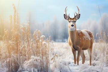 Doe standing on meadow in winter nature.