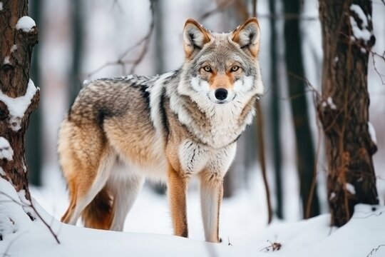 Gray wolf walks through a snowy winter forest. European wolf in natural habitat. Wild life.