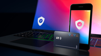 Cash card and high end mobile phone and notebook for secure online banking, money transfers and remittances - 3d illustration - obrazy, fototapety, plakaty