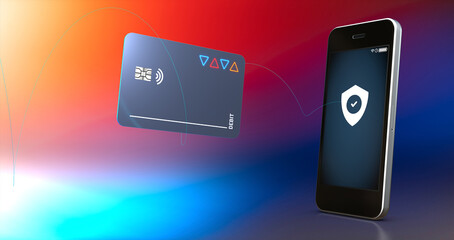 Cash card and high end mobile phone for secure online banking, money transfers and remittances - 3d illustration - obrazy, fototapety, plakaty