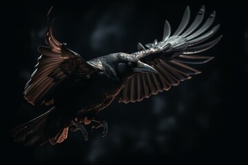 An image of a solitary dark raven in flight. Generative AI - obrazy, fototapety, plakaty