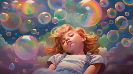 Obraz na płótnie Canvas a girl lying and dreaming in the world of colorful bubbles 