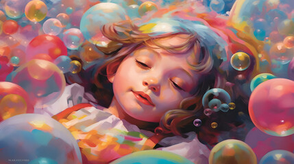 Fototapeta na wymiar a girl lying and dreaming in the world of colorful bubbles 