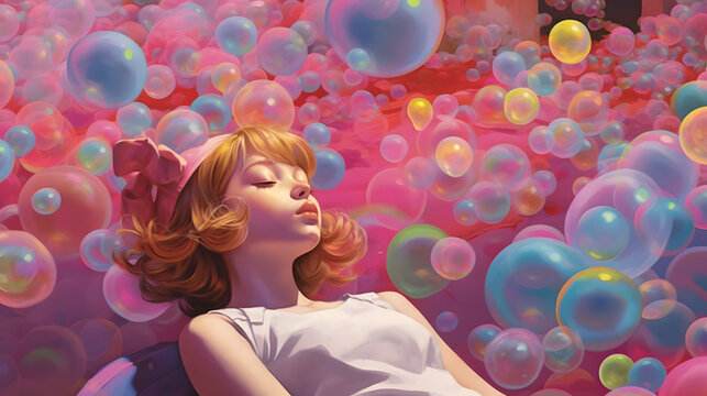 a girl  lying and dreaming in the world of colorful bubbles 