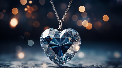 Sparkling Symmetry: Enchanting Diamond Heart Necklace Shimmers with Silver Elegance amidst Glittering Stars - obrazy, fototapety, plakaty