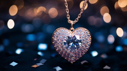 Sparkling Symmetry: Enchanting Diamond Heart Necklace Shimmers with Silver Elegance amidst Glittering Stars - obrazy, fototapety, plakaty