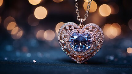 Fototapeta premium Sparkling Symmetry: Enchanting Diamond Heart Necklace Shimmers with Silver Elegance amidst Glittering Stars